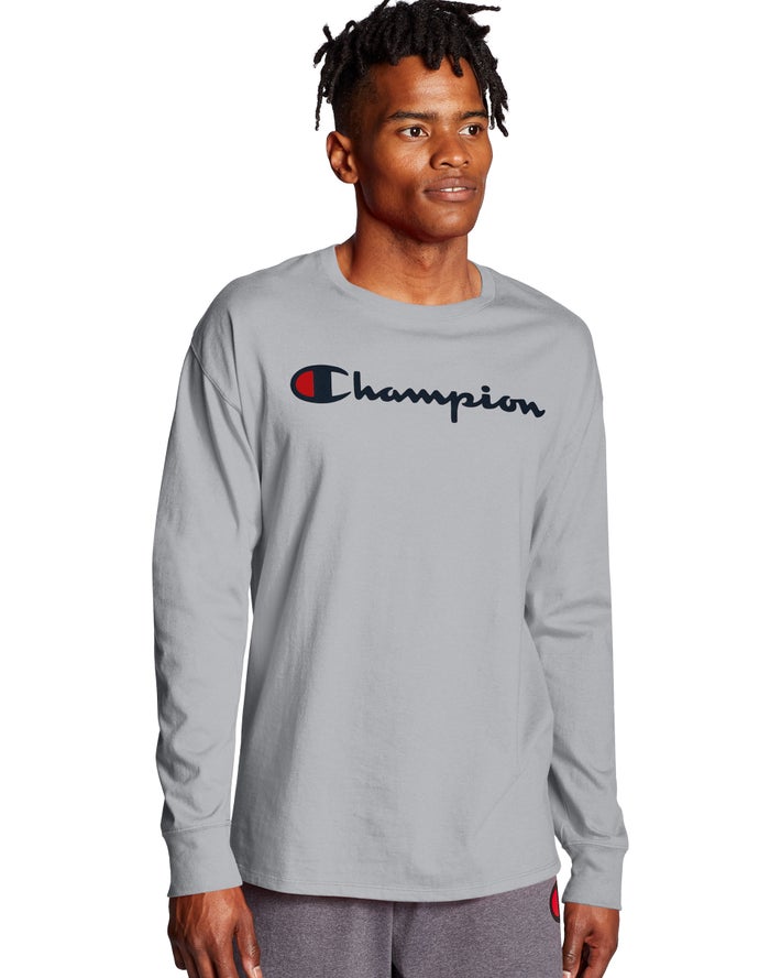 Champion Mens T-Shirt NZ - Classic Long-Sleeve Script Logo Grey ( 7194-SMYGB )